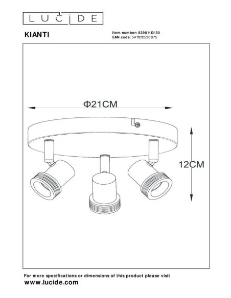 Kianti  de Lucide - Plafonnier / Applique murale 3xGU10 40 W Noir  - dessin technique
