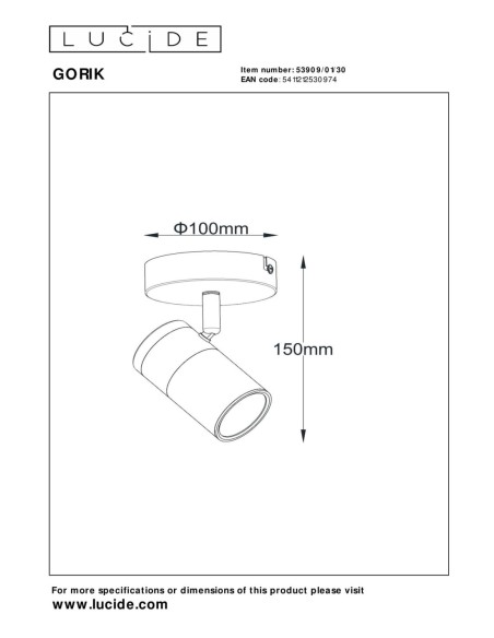 Gorik de  Lucide - Plafonnier orientable 1xGU10 noir Mat / Laiton - dessin technique