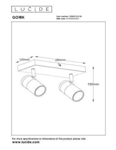 Gorik  de Lucide -  Plafonnier orientable 2xGU10 noir Mat / Laiton  - dessin technique