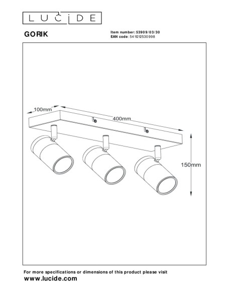 Gorik de Lucide - Plafonnier orientable 3xGU10 noir Mat / Laiton  - dessin technique