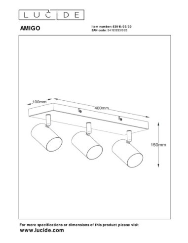 Plafonnier Led  3xGU10 40 W Dimmable Métal Noir - Lucide - Amigo