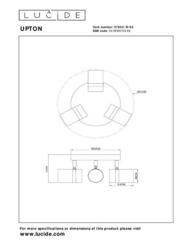 Plafonnier Led diam 31cm 3xGU10 Verre Fumé - Lucide - UPTON