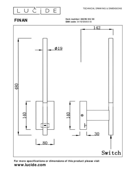 Finan  de Lucide - Applique murale rotative + port USB noire  - dessin technique