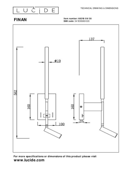 Finan - Applique murale rotative + port USB + liseuse noire - Lucide - dessin technique