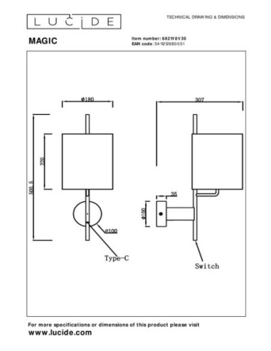 Applique murale métal noir abat-jour lin - E27 - Lucide  - Magic - dessin technique
