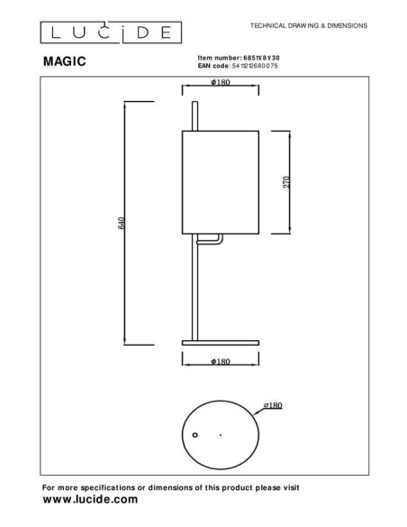 Magic  de Lucide  - Lampe de table métal noir abat-jour lin - dessin technique