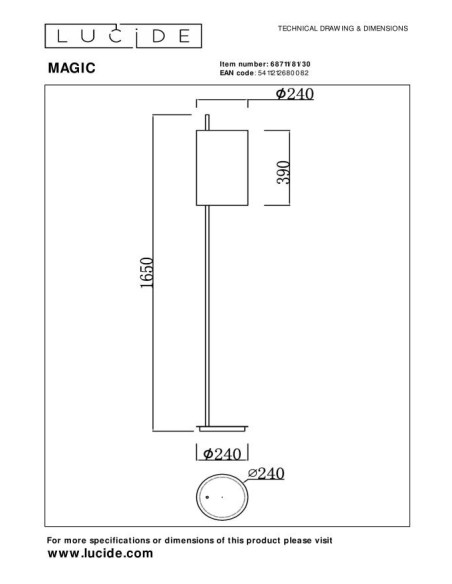 Lucide  - Magic - Lampadaire métal noir abat-jour lin - E27  - dessin technique
