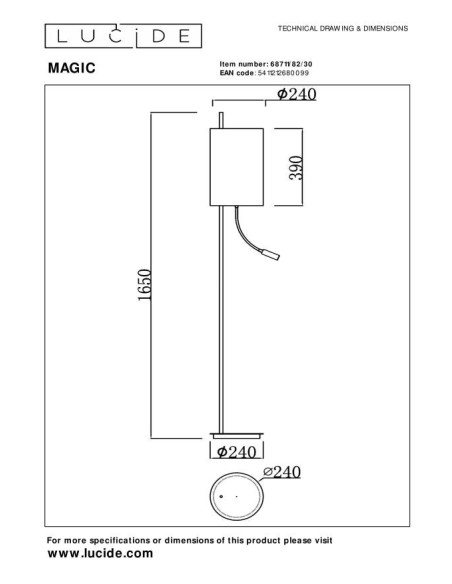 Lucide  - Magic -  Lampadaire métal noir abat-jour lin + liseuse - E27 - dessin technique