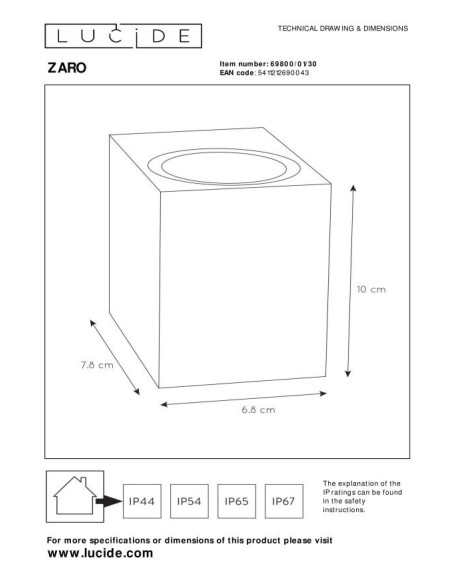 Lucide - Zaro - Applique murale cubique1xGU10 - dessin technique