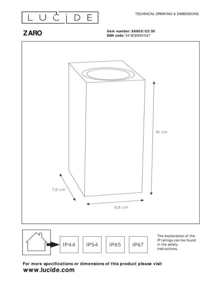 Zaro de Lucide - Applique murale rectangulaire 2xGU10 - dessin technique