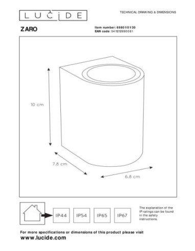Lucide - Zaro - Applique murale cylindrique 1xGU10 - dessin technique