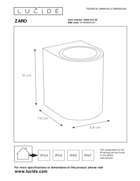 Lucide - Zaro - Applique murale cylindrique 1xGU10 - dessin technique