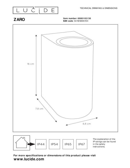 Lucide - Zaro - Applique murale étanche cylindrique 2xGU10 - dessin technique