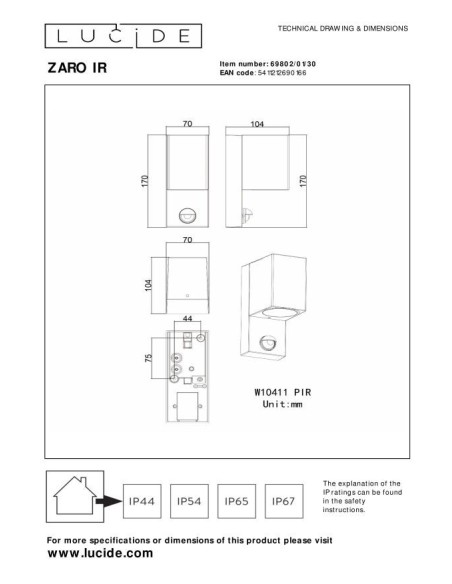 Zaro  de Lucide - Applique murale rectangulaire détecteur IR 1xGU10 - dessin technique