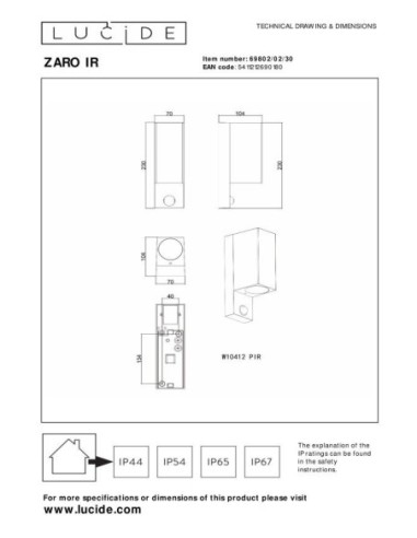 Zaro  de Lucide - Applique murale rectangulaire détecteur IR 2xGU10 - dessin technique