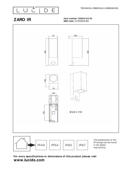 Zaro  de Lucide - Applique murale rectangulaire détecteur IR 2xGU10 - dessin technique