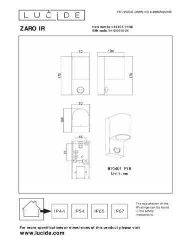 Zaro  de Lucide - Applique murale cylindrique détecteur IR 1xGU10 - dessin technique