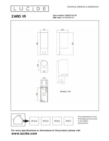 Zaro de Lucide - Applique murale cylindrique détecteur IR 2xGU10 - dessin technique
