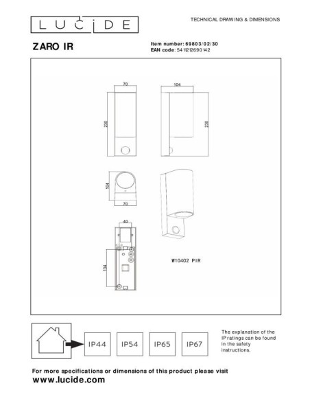 Zaro de Lucide - Applique murale cylindrique détecteur IR 2xGU10 - dessin technique
