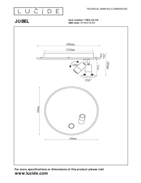 Plafonnier Diam. 40 cm LED CCT 2700K Noir et Or  - Lucide - JUBEL