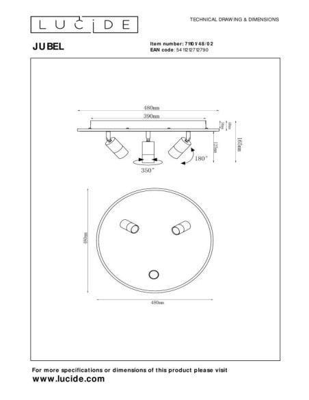Plafonnier Diam. 48 cm LED CCT 2700K Or Mat / Laiton - Lucide - JUBEL