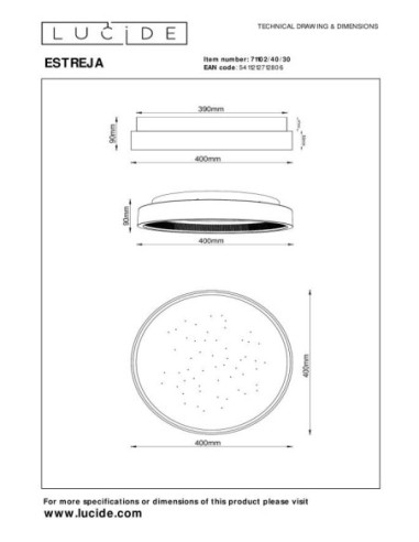 Estreja  de Lucide - Plafonnier Led dimmable 3 steps 40 cm - CCT - dessin technique