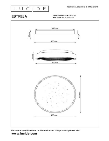Estreja  de Lucide - Plafonnier Led dimmable 3 steps 40 cm - CCT - dessin technique