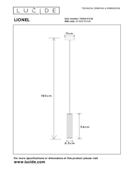Suspension Diam. 6,5 cm 1xE27 60 W Métal Noir - Lucide - LIONEL