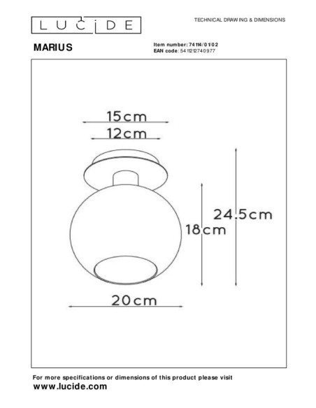 Plafonnier Diam.20 cm 60 W 1xE27 Or Mat / Laiton - Lucide - MARIUS