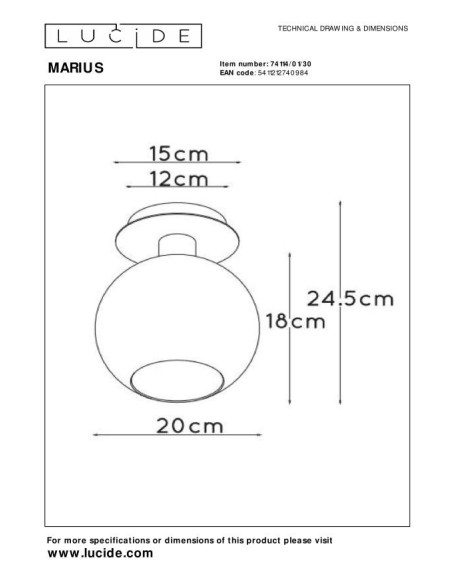 Plafonnier Diam. 20 cm 60 W 1xE27 Noir & Fumé Dimmable - Lucide - MARIUS