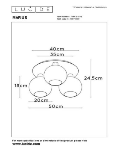 Plafonnier Diam.50 cm 3X60 W 3xE27 Or Mat / Laiton - Lucide - MARIUS
