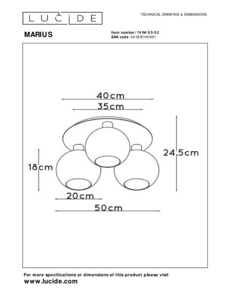 Plafonnier Diam.50 cm 3X60 W 3xE27 Or Mat / Laiton - Lucide - MARIUS