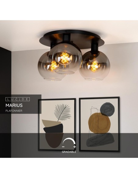 Plafonnier Diam.50 cm 3x60W 3xE27 Dimmable  Noir & Fumé - Lucide - MARIUS