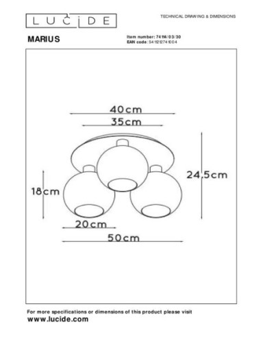 Plafonnier Diam.50 cm 3x60W 3xE27 Dimmable  Noir & Fumé - Lucide - MARIUS