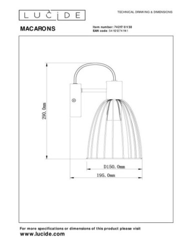 Applique murale 1xE27 40W Dimmable Métal Noir - Lucide - MACARONS