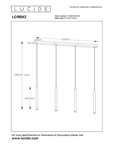 Suspension LED Dim. 4x4W 3000K 387 LM Noir - Lucide - LORENZ