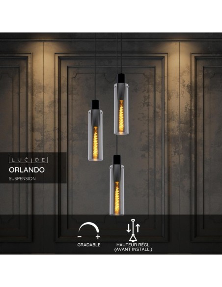 Suspension Diam. 32 cm 3xE27 40 W Dimmable Verre Fumé - Lucide - ORLANDO