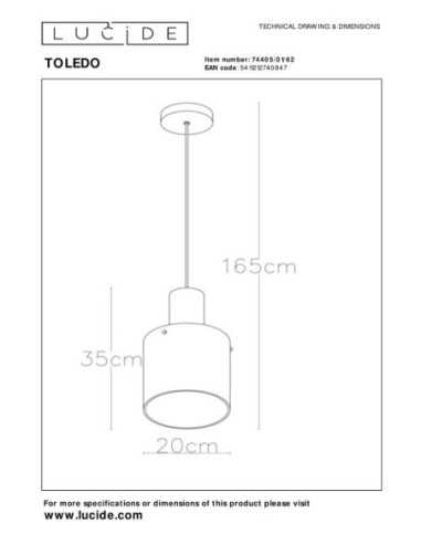 Suspension Diam. 20 cm 1xE27 40 W Dimmable  Ambre - Lucide - TOLEDO