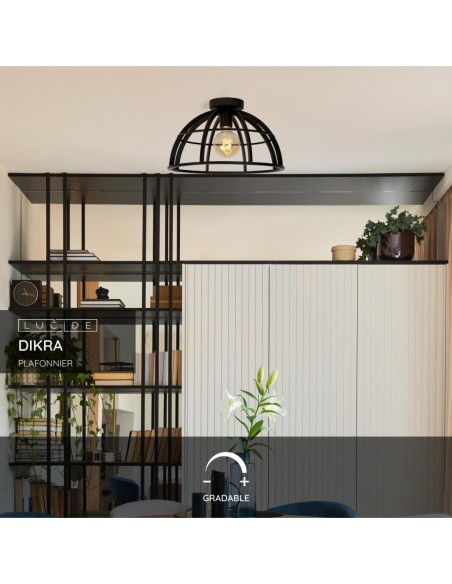Plafonnier Led Diam. 40 cm 1xE27 60 W Métal Noir - Lucide -DIKRA