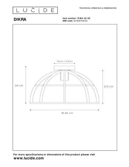Plafonnier Led Diam. 40 cm 1xE27 60 W Métal Noir - Lucide -DIKRA