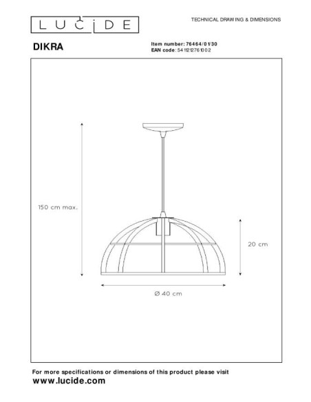Suspension Diam. 40 cm 1xE27 Dimmable Métal Noir - Lucide - DIKRA