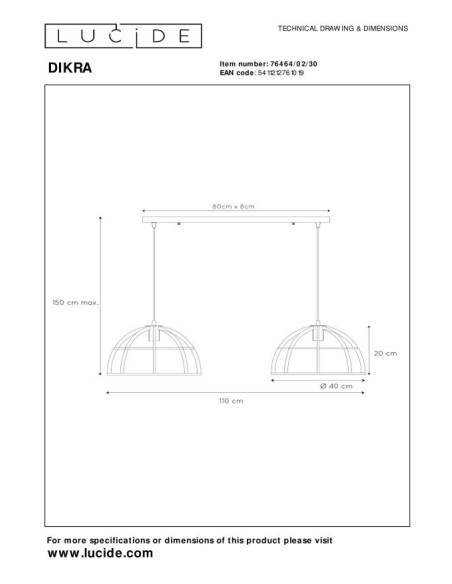 Suspension Led Dimmable 60 W 2xE27 Métal Noir - Lucide - DIKRA
