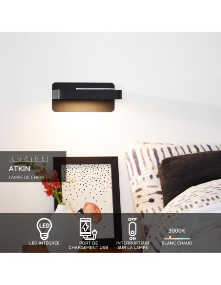 Lampe de chevet / Applique mural LED 1x6W 3000K 350 LM Noir - Lucide - ATKIN