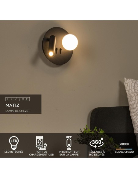 Matiz de Lucide -  Applique murale Led rotative 2 sources lumineuses noire