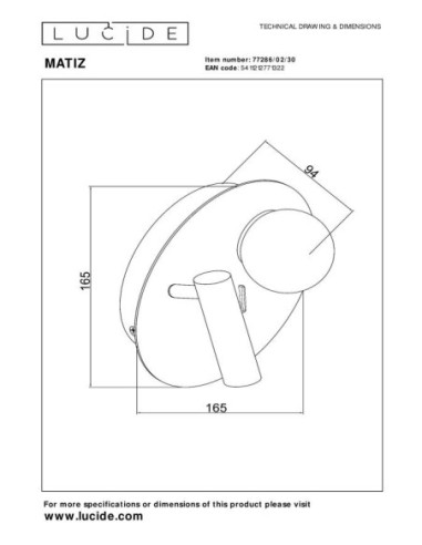 Matiz de Lucide -  lampe de chevet + liseuse - dessin technique