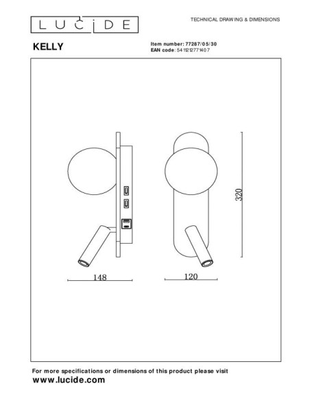 Kelly  de Lucide - Applique murale Led rotative 2 sources lumineuses - dessin technique