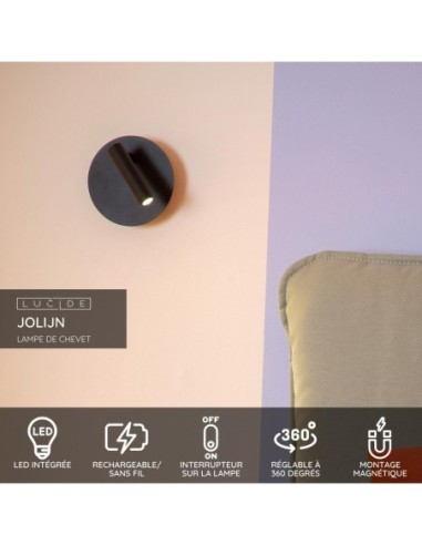 Lucide -  Jolijn - Applique murale Led rotative rechargeable noire