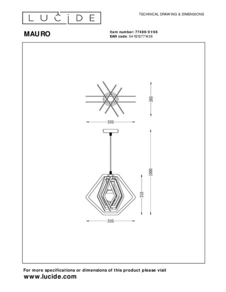 Mauro de Lucide -  Suspension Chambre d'enfant 1xE27  - dessin technique