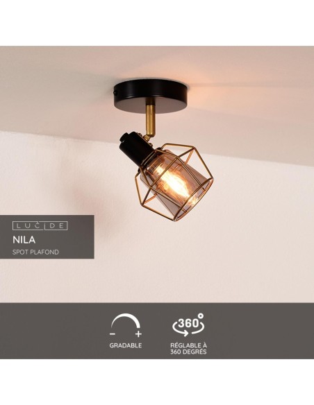 Plafonnier Led diam 16 cm  1xE14 Noir et Verre Fumé - Lucide - NILA