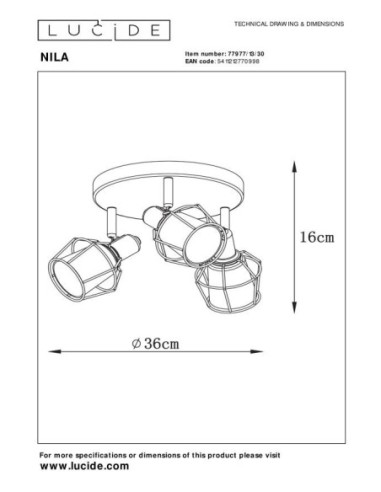Plafonnier diam. 36 cm 3xE14 Noir et Fumé - Lucide - NILA